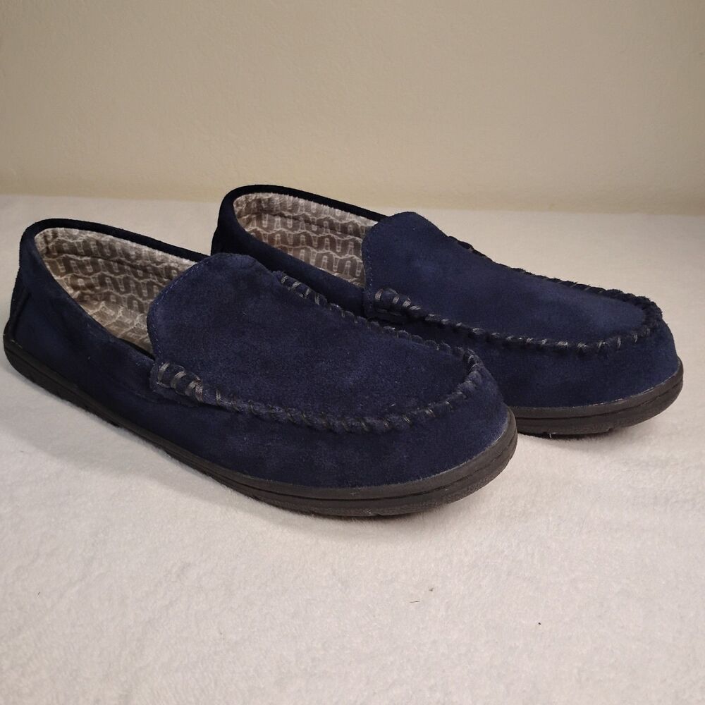 Lands' End Men's 9 Suede Flannel Lined Navy Blue Moccasin Slippers Slip On Shoes